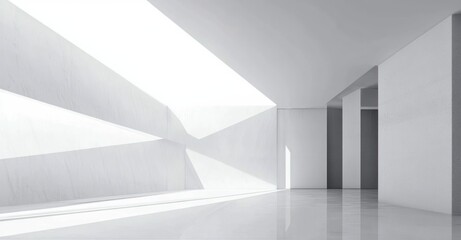 Minimalist empty interior space with white walls, polished floor, large skylight casting geometric shadows, and three dark doorways creating contrast