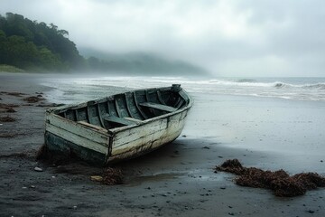 Old wooden boat stranded on a misty black sand beach with seaweed patches and fog-covered green forest in the background conveying a calm, somber mood