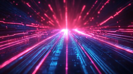 Bright neon blue and pink glowing lines converging towards a bright focal point on a dark background creating a futuristic high-speed energy effect