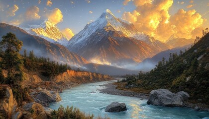 Majestic snow-capped mountain peak towering over a flowing turquoise river surrounded by rocky terrain and lush green forest under a vibrant golden sunset sky