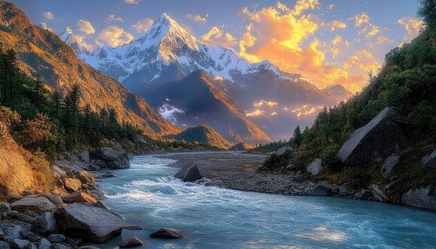 Majestic snow-capped mountain towering over a flowing blue river surrounded by rocky banks and lush green trees under a vibrant sunset sky with golden clouds