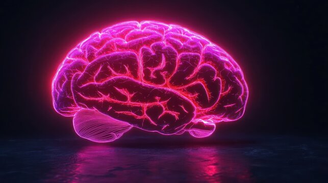 Glowing neon pink digital illustration of a human brain with detailed vascular structures on a dark background evoking a futuristic and scientific mood