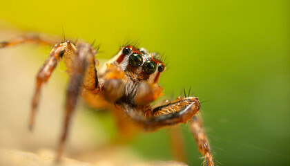 Fototapeta premium A photo of a spider with amazing color and detail. Natural background. Jumping spider.