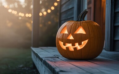 Obraz premium Spooky jack o lantern halloween decoration glowing on wooden porch at dusk festive lights