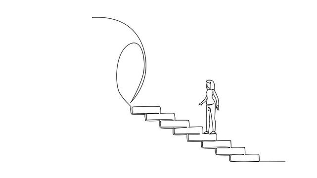 Animation of single continuous line drawing woman walks up ladder towards big lightbulb with hole in center. Education increases the level of thinking. National Creativity Day. Full length motion