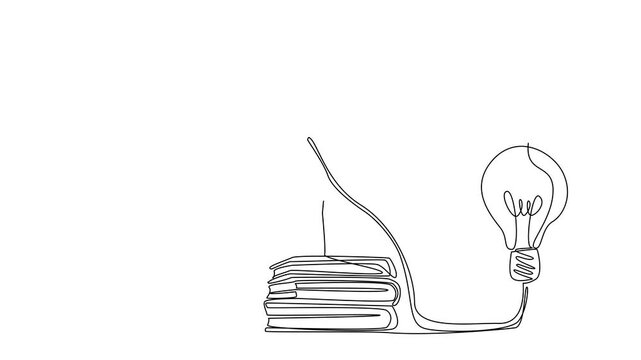 Animation of single continuous line drawing a woman stand on pile of thick books holds cable connected to big lightbulb. Recharge by reading. Genius. National Creativity Day. Full length motion