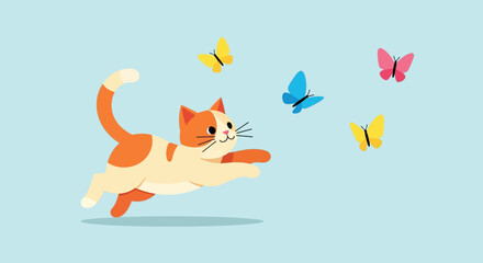 A cute cartoon cat leaps through the air to catch fluttering butterflies.