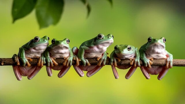 Five tree frogs perched on a branch.