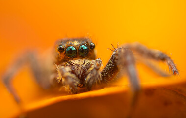 A photo of a spider with amazing color and detail. Natural background. Jumping spider.