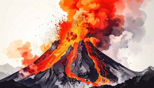 Color ink drawing illustration of a explosive volcano with burning lava