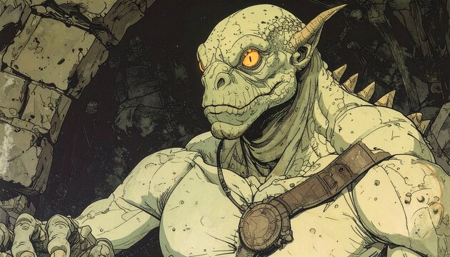 Color ink drawing illustration of a lizardman in a dungeon