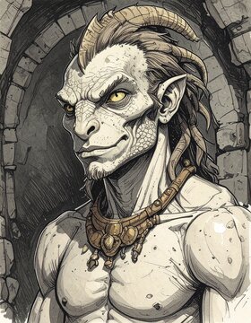 Color ink drawing illustration of a lizardman in a dungeon