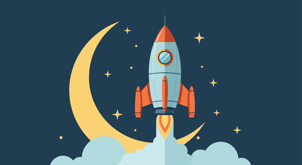 Obraz premium Rocket Ship Launching Towards the Moon in the Night Sky.