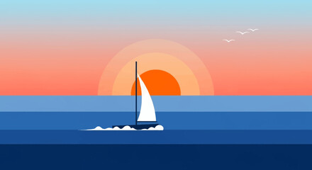 Sailboat cruising on the ocean waves at sunset.