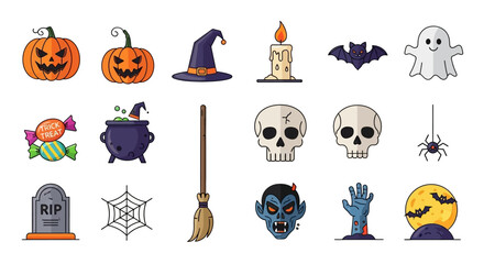 Halloween themed collection of spooky and scary objects and symbols.