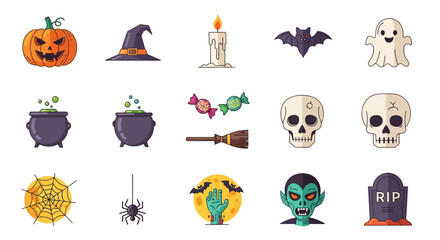 Halloween themed collection of spooky objects and symbols for the holiday.