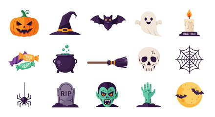 Halloween themed collection of spooky items and symbols for holiday celebrations.