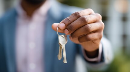 Man proudly holds keys in hand after successful property purchase at closing event