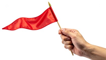 Hand holding a small waving red flag on a stick. Isolated on white background