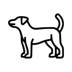 A black and white outline of a dog in a standing position facing left The dog has a short tail and small ears. line icon editable stroke
