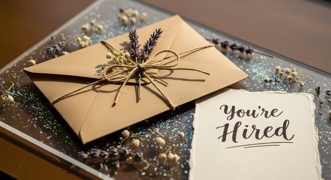 You're Hired message. A congratulatory handwritten note next to a decorated envelope signifies a new career opportunity and success - Powered by Adobe