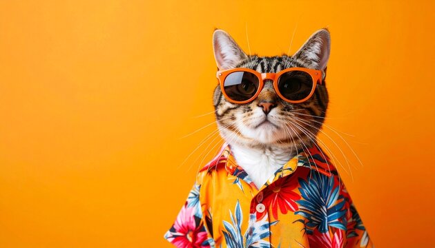 A stylish cat joyfully posing in a vibrant summer outfit against a bold orange background, radiating fun