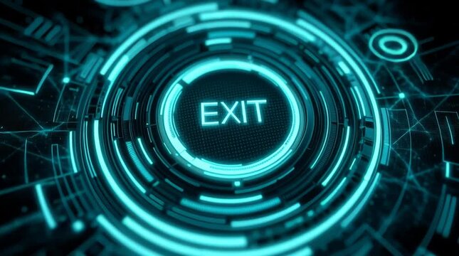 Digital Exit Interface: An illuminated digital interface glows, prominently displaying the word EXIT amidst a network of intricate technological pathways and circuits.