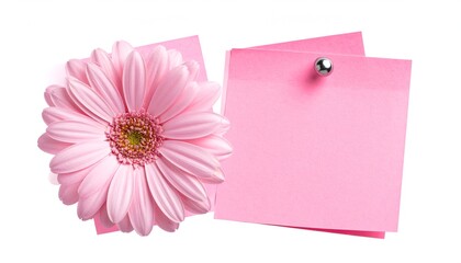 Blank pink sticky note with a silver thumbtack for reminders. Isolated on white background