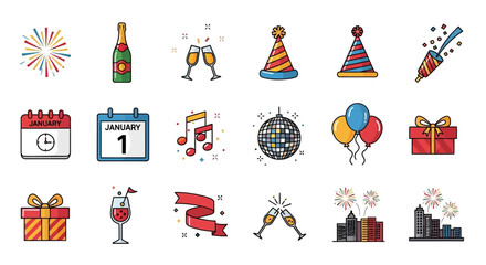 New Year Celebration Icons Set Vector Illustration.