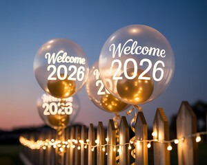 Transparent balloons with welcome 2026 text and golden confetti float against a twilight sky with festive string lights