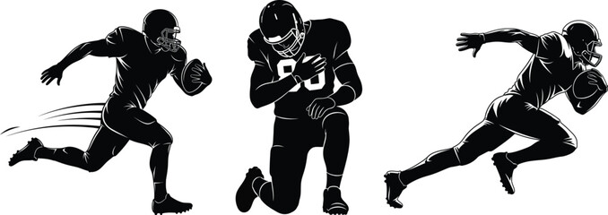 Set of American football player silhouettes in dynamic action poses, detailed ink drawing vector illustrations for sports design