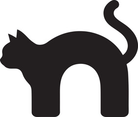 Silhouette of a sleek black cat with bright eyes and a curved tail standing arched on a white background isolated on white background.