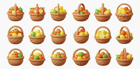 A collection of baskets filled with various fruits, including oranges, lemons, and limes, arranged in a grid pattern.