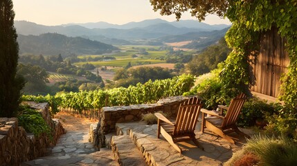 Two Adirondack chairs await on a stone patio overlooking a vineyard valley.