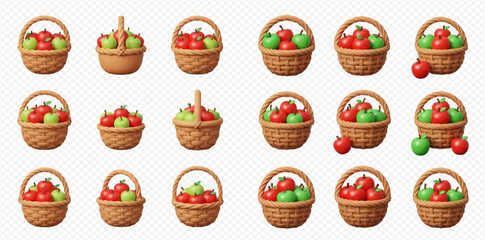 Collection of baskets filled with red and green apples.