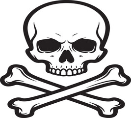 A stark black and white illustration of a skull and crossbones symbol representing danger and poison isolated on white background.