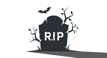 Silhouette of a Tombstone with RIP Inscription and Bat.