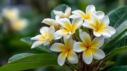 White and yellow flowers bloom with green leaves in soft focus.