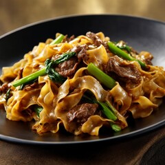 Pad See Ew with beef served on a matte black plate, soft side lighting highlights glossy noodles against a light gold background.