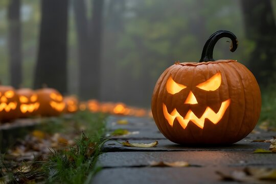 Glowing jack-o-lanterns in an enchanting forest scene on halloween night