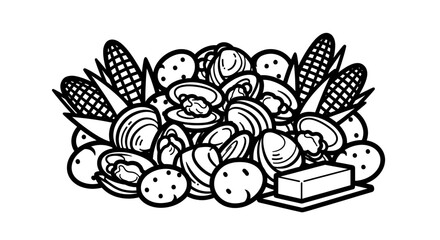 Clam bake with corn and potatoes a delicious seafood feast.