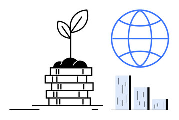 Plant growing atop stacked coins, blue globe outline symbolizing global connection, and minimalistic bar graph. Ideal for finance, ecology, innovation, progress, investment economy global growth. A