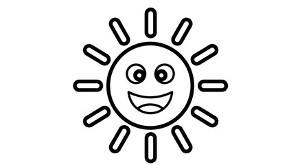 Obraz premium Smiling sun with rays happy face black outline summer weather cartoon.