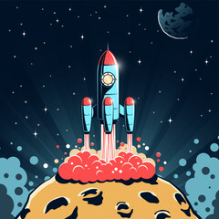 Rocket launches from asteroid with craters. Rocket start from the moon. Vibrant cosmic scene. Vector retro style illustration.