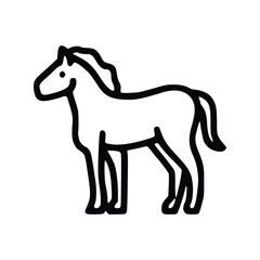 Black and white outline of a horse standing viewed from the side The horse has a mane tail and four legs. line icon editable stroke