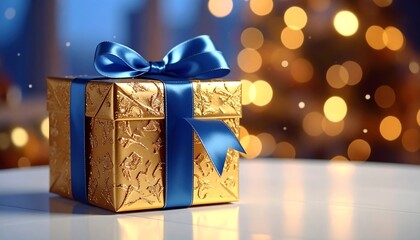 Gold gift box with blue ribbon on a white table with bokeh lights
