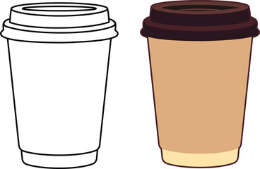 Disposable Coffee Cup Vector Illustration, Outline and Filled Style