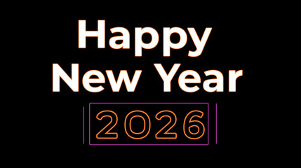 Vector logo of Happy New Year, text "Happy New Year" and numbers "2026" in white on a black background, graphic design, sticker style, purple with orange details. New year background, poster, advertis