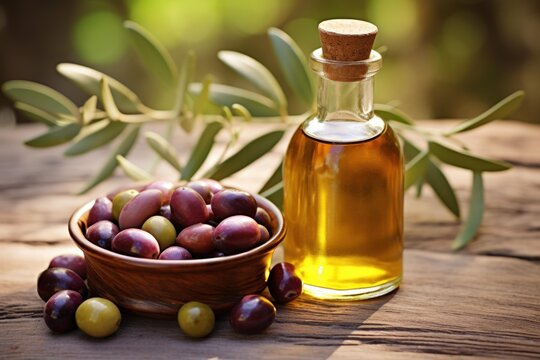 Glass bottle of olive oil with cork and bowl of olives sitting on wooden table with olive branch