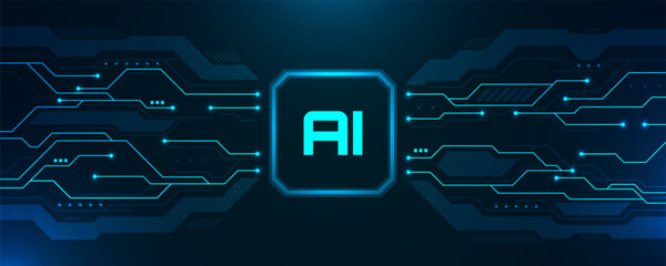 Futuristic artificial intelligence background with glowing blue digital circuit lines and cyber network connections symbolizing data processing, machine learning, and digital innovation technology.